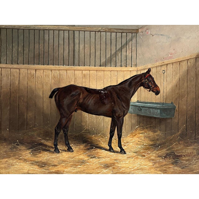 Here is a classic antique British sporting painting of a bay hunter horse in a loose box stall by Henry Frederick Lucas...