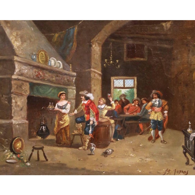 Wood Pair of 19th Century French Tavern Genre Scene Oil Paintings Signed H. Jonas For Sale - Image 7 of 16