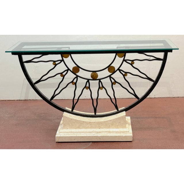 Southwest Style Mid-Century Sunburst Console Table Travertine Base and Glass Top For Sale - Image 11 of 18