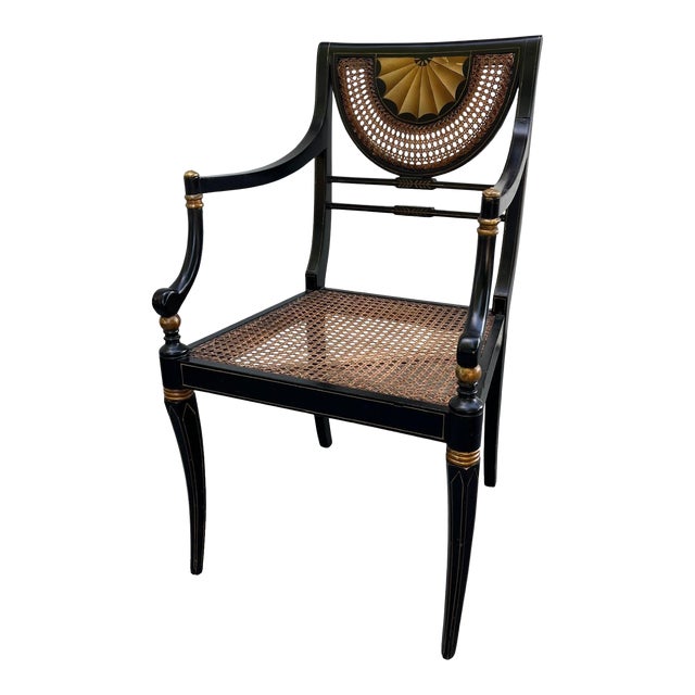 Vintage Regency Style Ebonized Armchair With Cane Seat For Sale