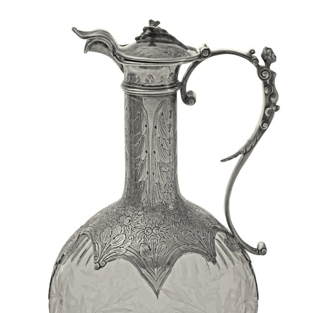 Antique French Sterling Claret Jugs by Edmond Tétard .950 Silver & Etched Glass - A Pair For Sale - Image 4 of 7