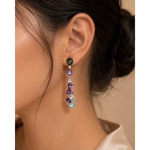 Modern Late 20th Century 14K Rose Gold Vermeil Silver Sapphire Topaz Iolite Designer Drop Earrings, Pair For Sale - Image 3 of 3