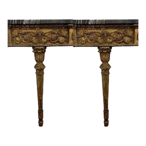 Antique Continental Gilt Mounted Corner Shelves With Black and Gold Marble Top - a Pair