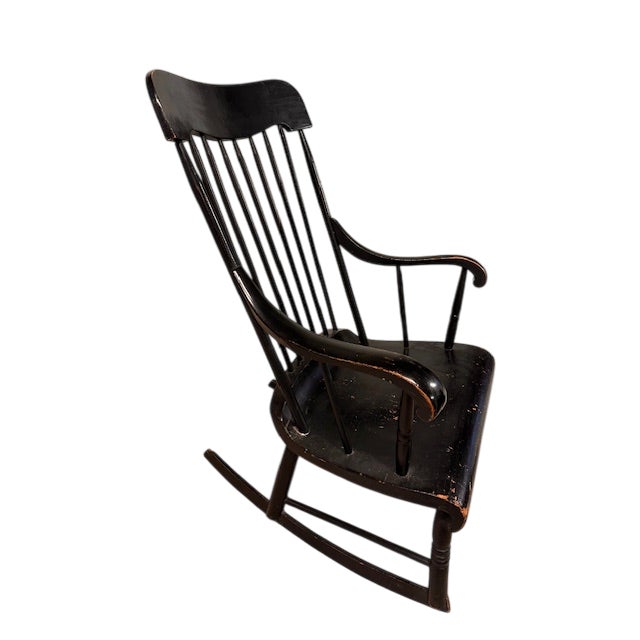 Antique Rocking Chair Beautiful, solid wood, painted black with a satin finish. Lovely patina - showing wear and age of an...