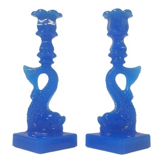 Late 20th Century Pressed Glass Neoclassical Dolphin Candlesticks - a Pair For Sale