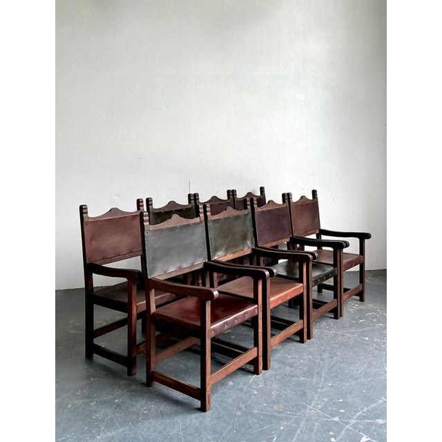Rustic Vintage Spanish Leather and Wood Armchairs - Set of 6 For Sale - Image 3 of 14