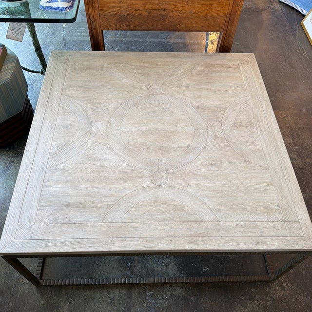 Chic coffee table made by Formations. Made of iron with a cerused oak top with geometic pattern on top. Hand-made in Los...