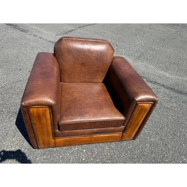 Pair of Fully Restored French Art Deco Two-Tone Leather Club Chairs For Sale - Image 10 of 15