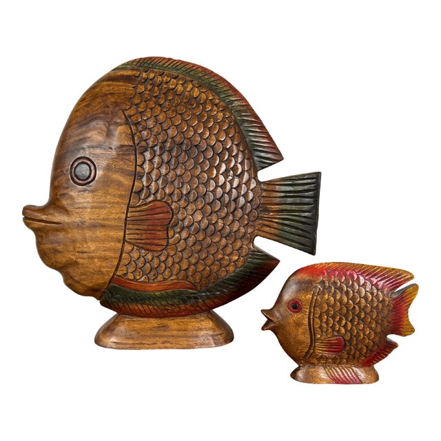 Vintage Solid Wood Hand -Carved Koi Fish For Sale