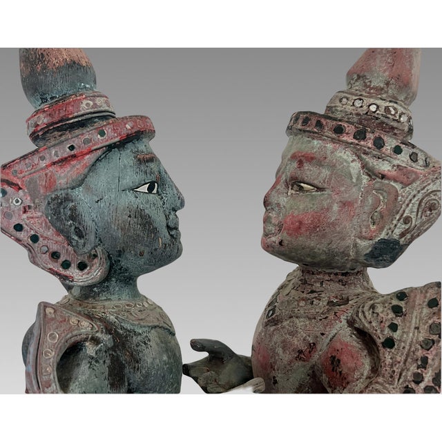 Late 19th Century Antique Teppanom / Guardian Thai Angels, Carved Wood Statues or Figures - A Pair 18" For Sale - Image 5 of 11