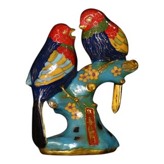 Vintage Cloisonne Enamel Bird Pair Figurine – 8.3" Two Lovebirds on Branch For Sale
