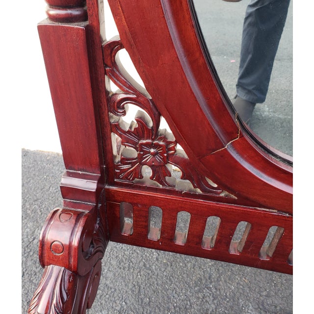 1980s Victorian Style Carved Mahogany Triptych Full Length Floor Mirror For Sale - Image 5 of 13