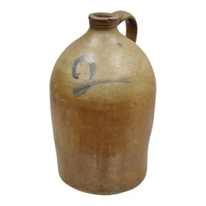 Antique Stoneware Pottery 2 Gallon Water Jug Pitcher Blue Paint Decorated "2"
