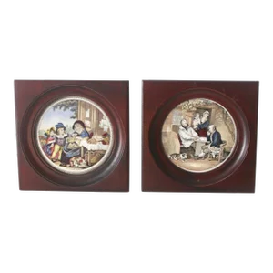 Vintage Kirkhams Ltd. English Ceramic Plates With Hardwood Frames Youth and Age, a Fix or Draughts Mid-Century- a Pair