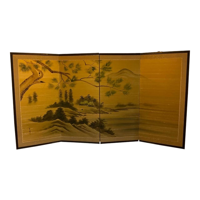 Vintage Japanese Hand‑Painted Landscape Byōbu Screen, Signed For Sale