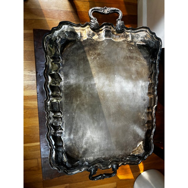 Silver Vintage Mid-Century Cut Crystal Footed Compote Bowl & Ornate Engraved Silver-Plated Butler’s Tray - 2-Piece Set For Sale - Image 8 of 8