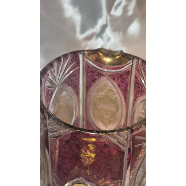 Antique Edwardian Bohemian Cut Crystal Amethyst Overlay, Raised 24k Gold Gilt Pitcher For Sale - Image 9 of 11