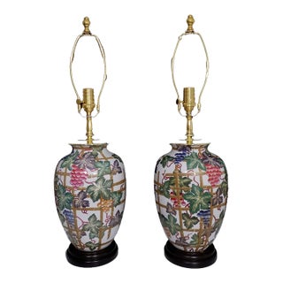 Vintage Mid-Century Modern Handpainted Chinese Ginger Jar Table Lamps - Set of 2 For Sale