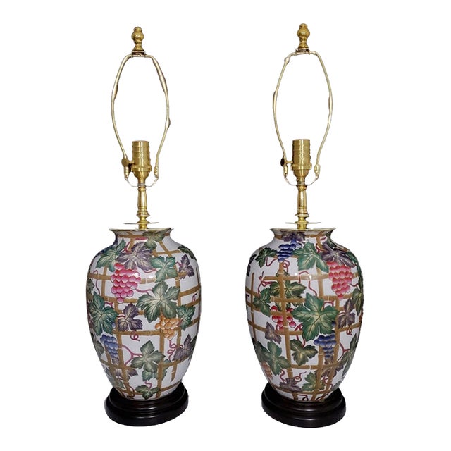 Vintage Mid-Century Modern Handpainted Chinese Ginger Jar Table Lamps - Set of 2 For Sale