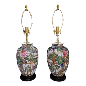 Vintage Mid-Century Modern Handpainted Chinese Ginger Jar Table Lamps - Set of 2
