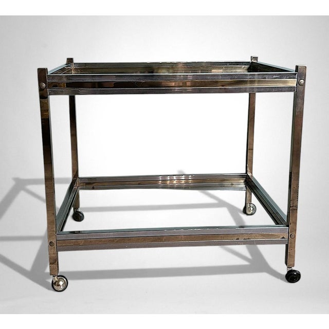 Romeo Rega Mid 20th Century Romeo Rega Style Italian Brass and Steel Bar Cart For Sale - Image 4 of 16