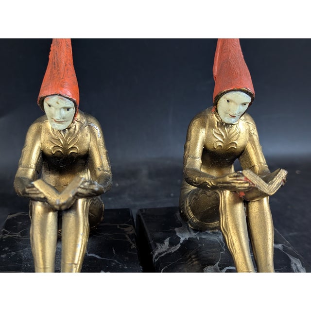 Gerda Gerdago 1920's Art Deco Hirsch Pixie Girl Bookend Pair Painted Bronze on Marble For Sale - Image 4 of 10