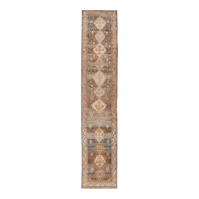 Antique Persian Long Malayer Runner Medallion Design in Brown, Gray, Steel Blue 3'5 X 18' For Sale