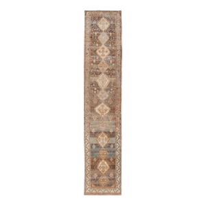 Antique Persian Long Malayer Runner Medallion Design in Brown, Gray, Steel Blue 3'5 X 18'