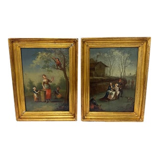 Pair, Continental School, 19th Century Dutch Taste Seasonal Genre Paintings For Sale