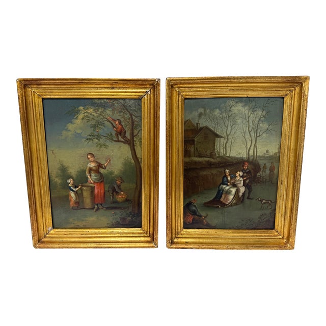 Pair, Continental School, 19th Century Dutch Taste Seasonal Genre Paintings For Sale