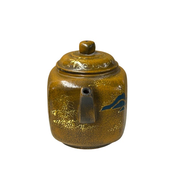 Vintage Chinese Mustard Yellow Graphic Zisha Clay Teapot Art Display For Sale In San Francisco - Image 6 of 9