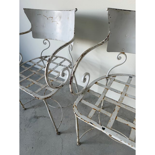 Pair of Vintage Arhaus White Metal Garden Dining Armchairs With Scroll Arms For Sale - Image 10 of 12