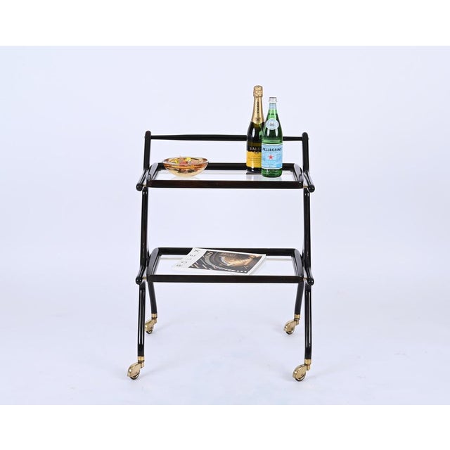 Mid-Century Italian Trolley Bar Cart in Wood and Glass attributed to Cesare Lacca, 1950s For Sale - Image 11 of 16