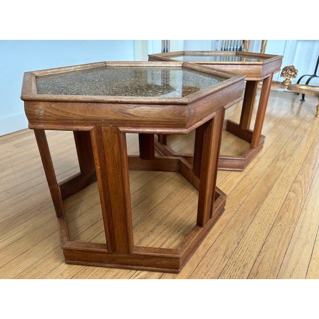 Mid-Century Modern Pair of Mid-Century Modern John Keal Brown Saltman “Domino” Hexagonal Side Tables For Sale - Image 3 of 9