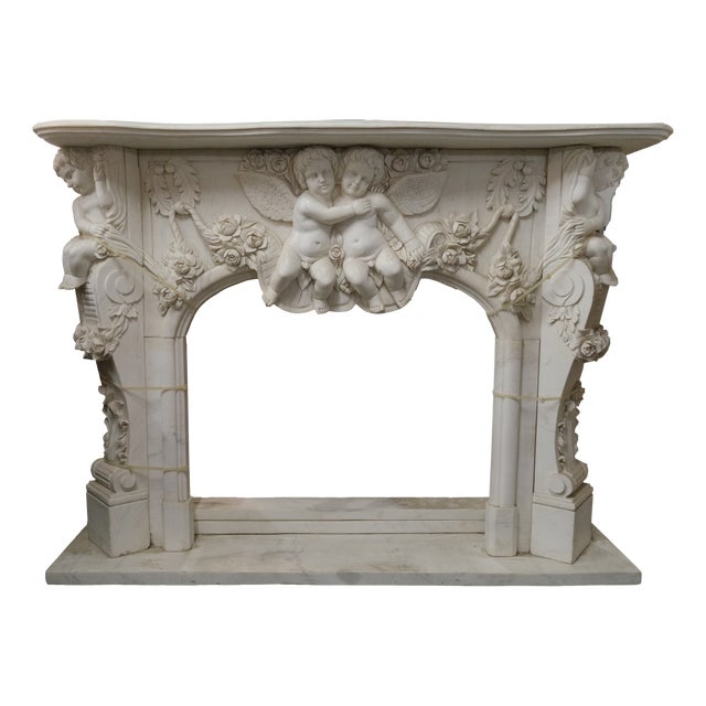 Baroque Fireplace in White Carrara Marble, 1930s For Sale