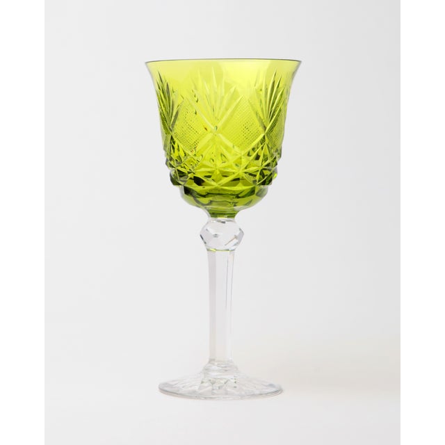 Vintage Bohemian Lime Peridot Cut to Clear Wine Water Goblet, 1950s, Set of 10 For Sale - Image 6 of 8