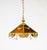 An antique pendant light with 6 rippled, stained glass panes forming a coolie shape; alternating between amber and red-...