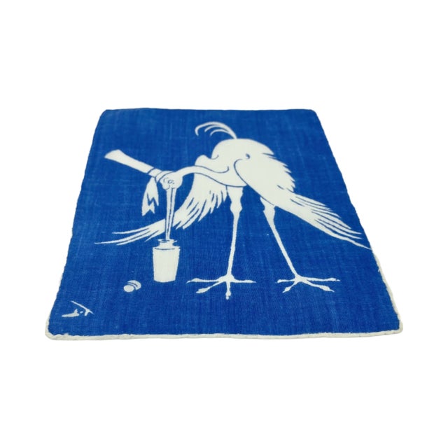 Textile Pair Tom Lamb Blue Stork Pelican Cocktail Napkins Art Deco Barware For Sale - Image 7 of 9