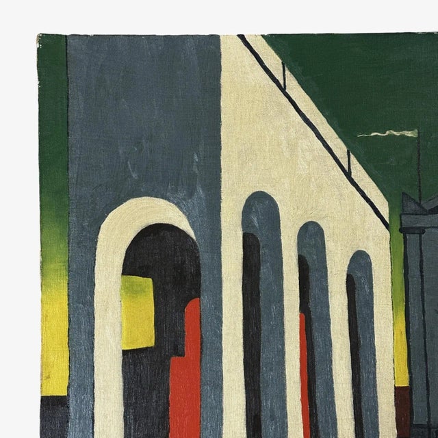 1970s Vintage Surrealist Architectural Landscape (After Giorgio De Chirico) by j.d. Sine, Signed (1970, Oil on Canvas) For Sale - Image 5 of 8