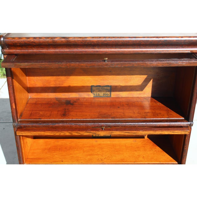 Antique Globe-Wernicke 3-Tier Tiger Oak Barrister Bookcase – Grade 299 For Sale - Image 12 of 17