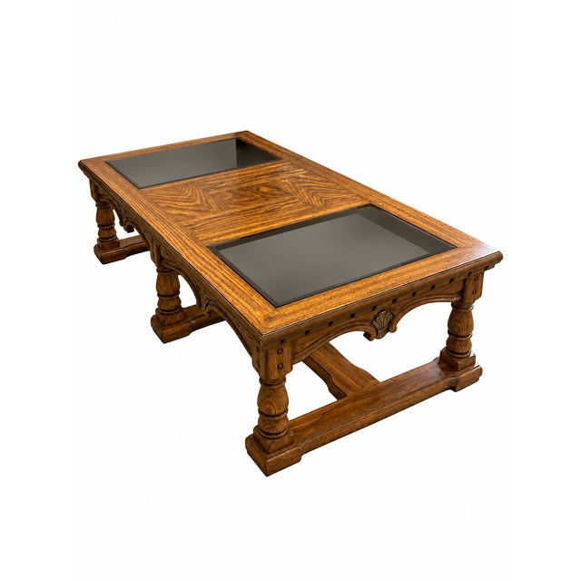 1970s Vintage Mediterranean Revival Parquet-Pattern Wood and Smoked Glass Coffee Table For Sale - Image 5 of 18