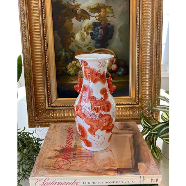Ceramic Vintage Chinese Porcelain Vase With Red Foo Lions For Sale - Image 7 of 14