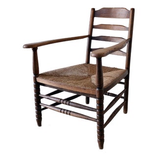 Low Rustic Bobbin Rush Seat Armchair, Netherlands, 1940s For Sale