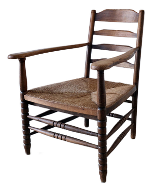 Low Rustic Bobbin Rush Seat Armchair, Netherlands, 1940s