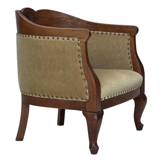 Danish Children's Armchair in Light Green Furniture Velour and Oak, 1950s For Sale