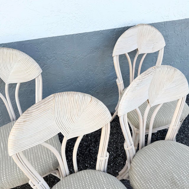 Beige Boho Chic Sculpted Pencil Reed Leaf Back Rattan Dining Chairs - Set of 4 For Sale - Image 8 of 10