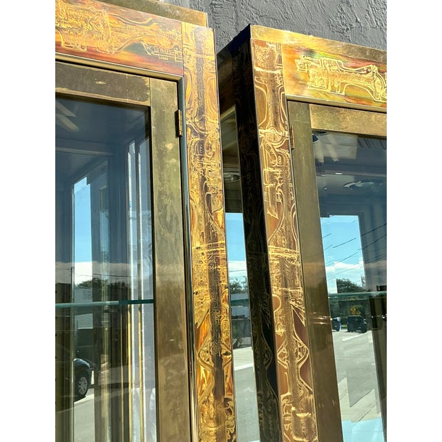 Mid 20th Century Vintage Boho Bernard Rhône for Mastercraft Acid Etched Brass Cabinets - A Pair For Sale - Image 5 of 9