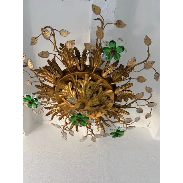 Mid-Century Modern Flush Mount Maison Baguès Crystal Green Flowers Leaves Chandelier 9 Lights For Sale - Image 3 of 11