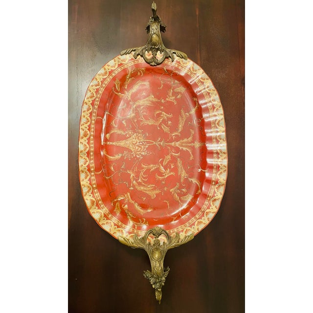 Vintage Sarreid Neoclassical Style Red Porcelain and Brass Tray Table For Sale - Image 11 of 12