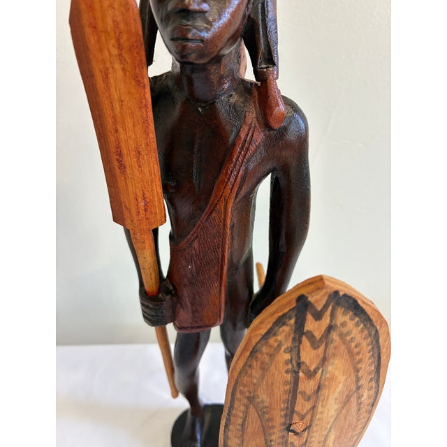 Mid 20th Century Vintage Hand-Carved Maasai Warrior Wood Sculpture For Sale - Image 5 of 10